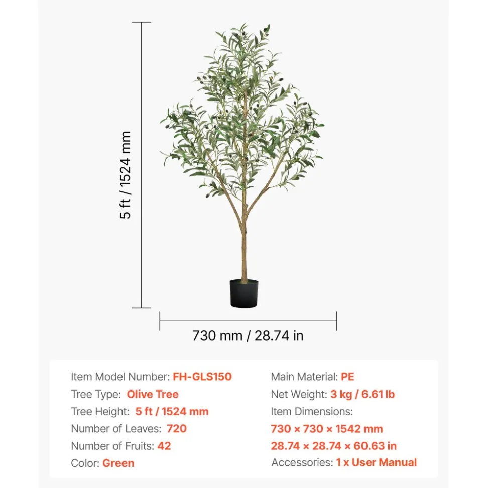 VEVOR 5FT Artificial Olive Tree with Black Pot, Tall Fake Tree with Natural Wood Trunk & Realistic Green Leaves and Fruits, Indoor Faux Plant for Home, Office, Living Room, Corner Decor