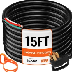 VEVOR 15 ft 50A RV Camp Power Cord Generator Cord 6/3+8/1 AWG NEMA 14-50P to Bare Wire