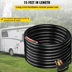 VEVOR 15 ft 50A RV Camp Power Cord Generator Cord 6/3+8/1 AWG NEMA 14-50P to Bare Wire