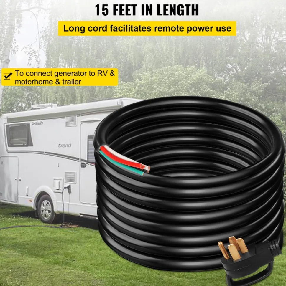 VEVOR 15 ft 50A RV Camp Power Cord Generator Cord 6/3+8/1 AWG NEMA 14-50P to Bare Wire