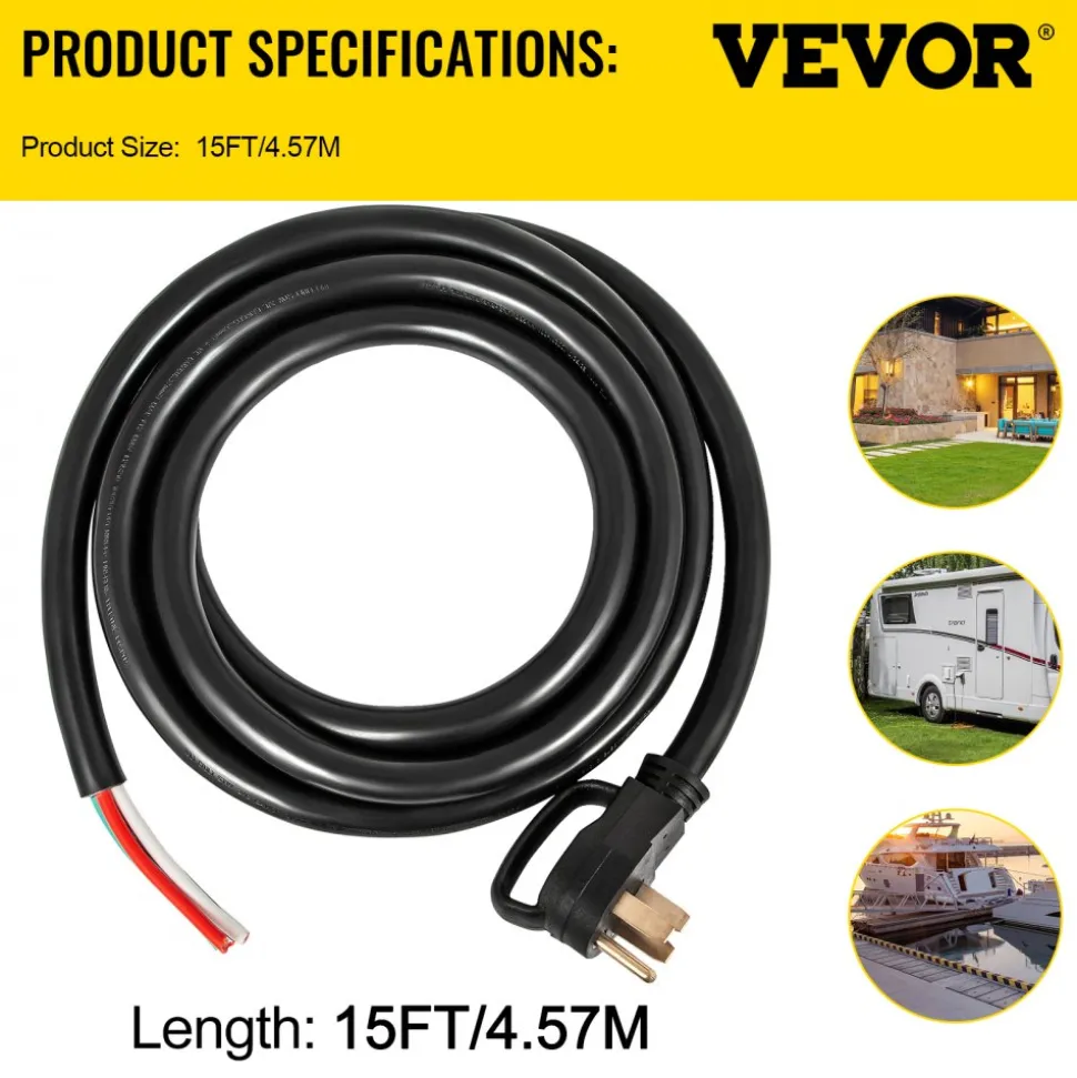 VEVOR 15 ft 50A RV Camp Power Cord Generator Cord 6/3+8/1 AWG NEMA 14-50P to Bare Wire