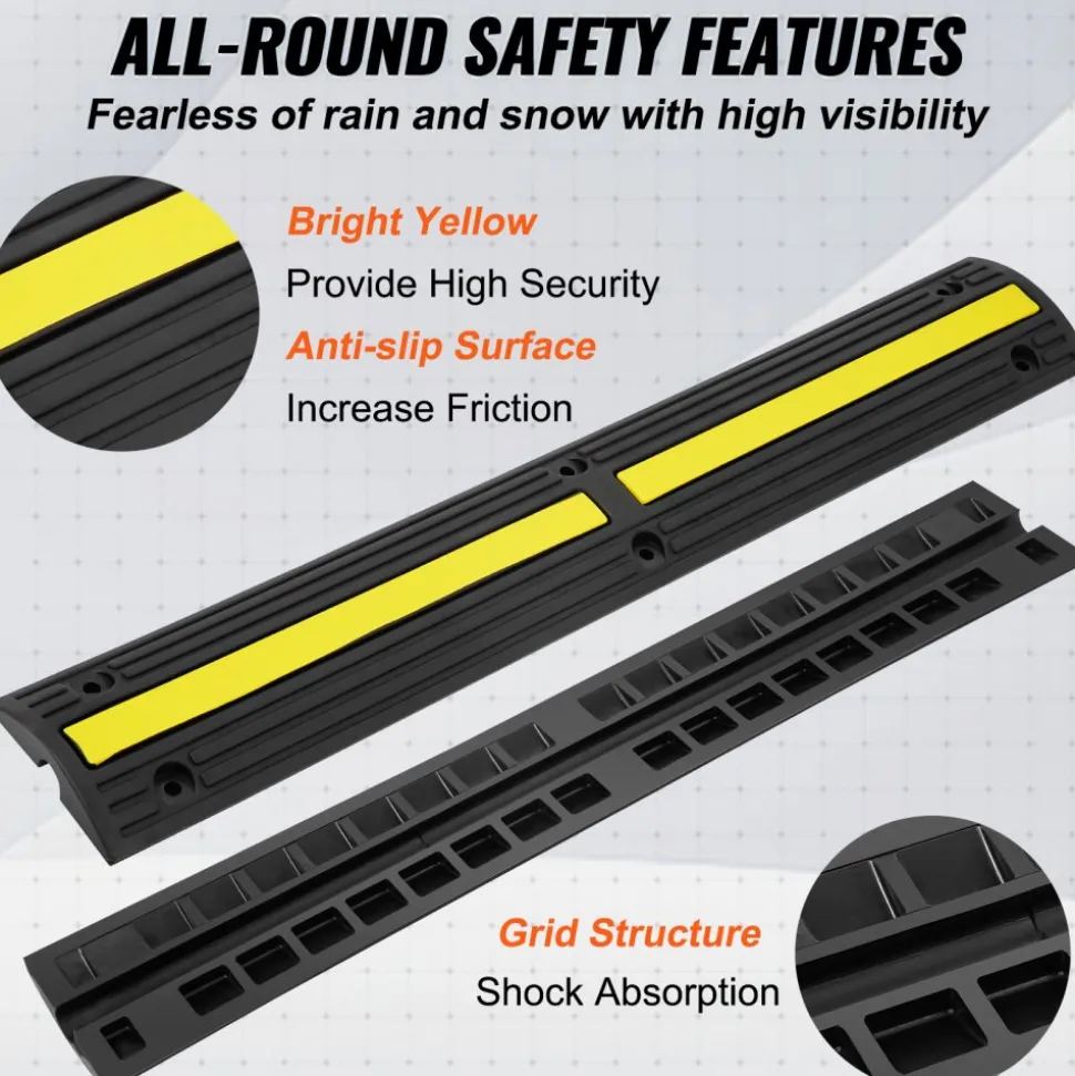 VEVOR 3.28 ft Cable Protector Ramp, 4 Pack of 1 Channel, 18000 lbs/axle Capacity Heavy Duty Rubber Speed Bumps, Floor Cord Cable Protector Wire Cover, for Residential Areas, Private Garages, Gardens