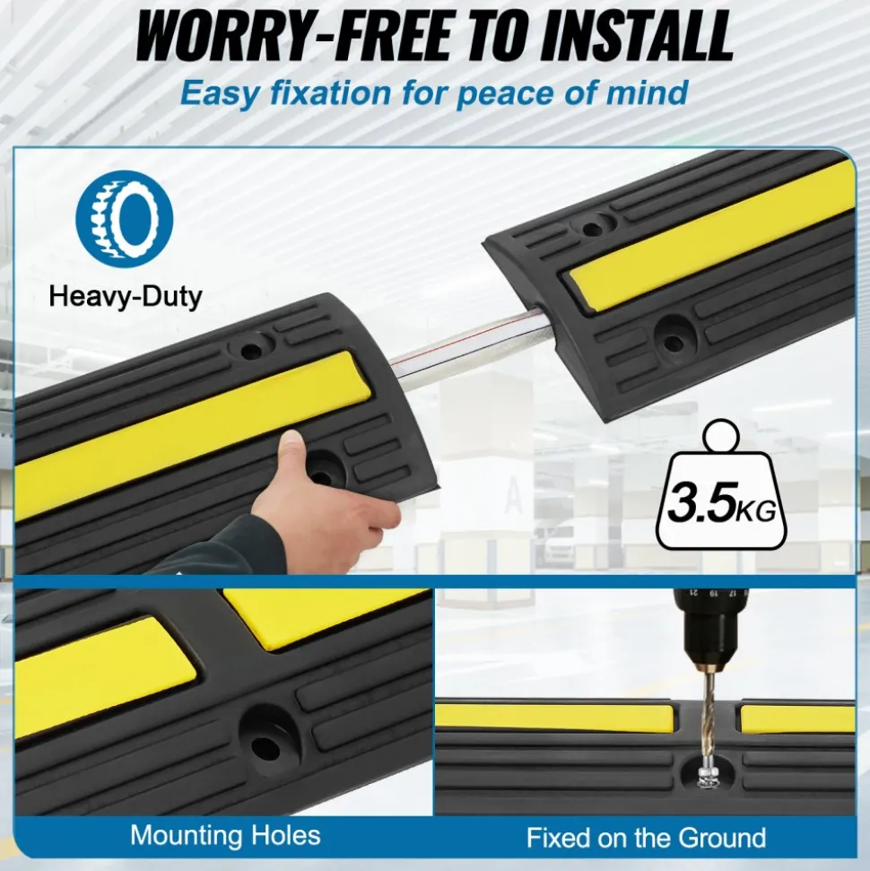 VEVOR 3.28 ft Cable Protector Ramp, 4 Pack of 1 Channel, 18000 lbs/axle Capacity Heavy Duty Rubber Speed Bumps, Floor Cord Cable Protector Wire Cover, for Residential Areas, Private Garages, Gardens