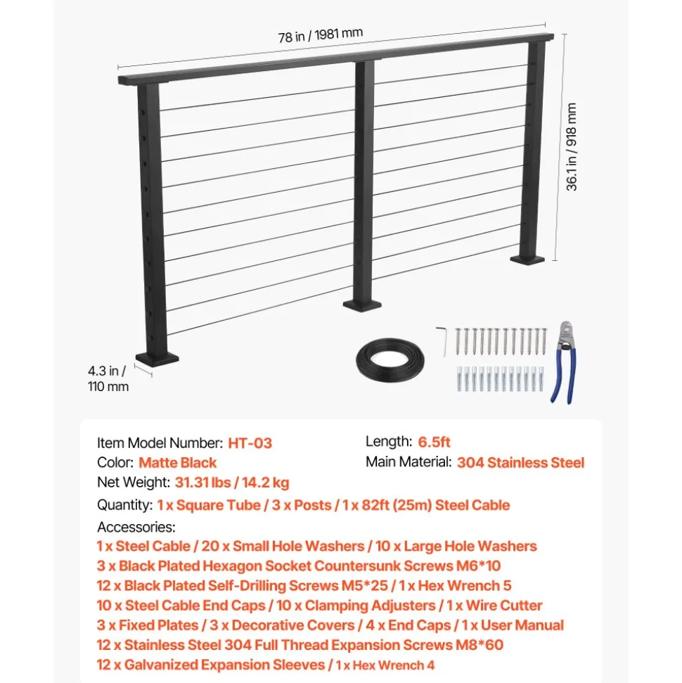 VEVOR 6.5 ft Complete Cable Railing Kit with Post, 36 inch Tall Matte Black Stainless Steel Handrail Cuttable for Outdoor/Indoor Steps, Level Hole Drilled Railing Posts System for Stairs,Deck,Balcony