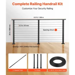 VEVOR 6.5 ft Complete Cable Railing Kit with Post, 36 inch Tall Matte Black Stainless Steel Handrail Cuttable for Outdoor/Indoor Steps, Level Hole Drilled Railing Posts System for Stairs,Deck,Balcony