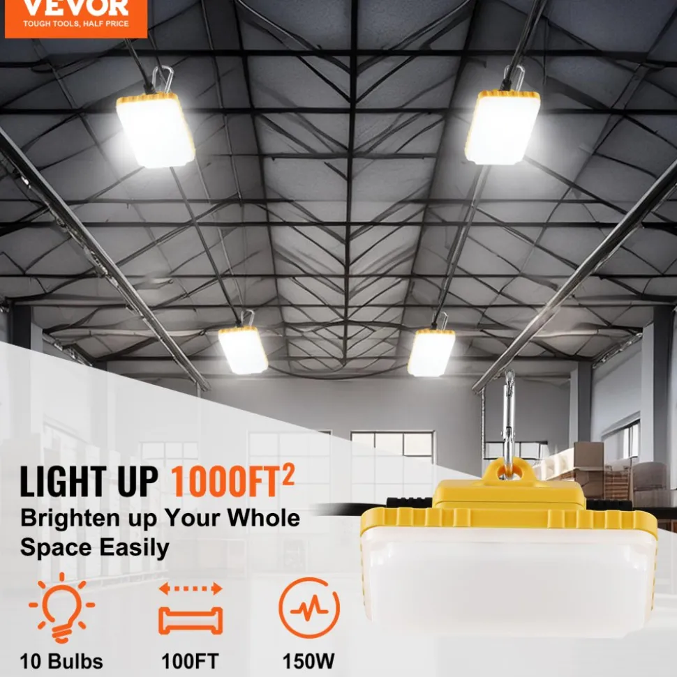 VEVOR 100FT Construction String Lights, 150W 15000LM, 10PCs String Work Light, 5000-5500K, IP65 Waterproof, with Hanging Hooks, for Construction Site, Temporary Lighting Indoor & Outdoor, ETL Listed