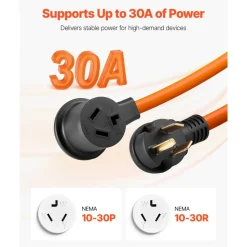 VEVOR 25 ft Dryer Extension Cord, 3-Prong NEMA 10-30P to 10-30R Dryer Cord, 125V/250V STW 10AWG/3C, 30A, Pure Copper Wire Cable with Black Non-woven Bag and PVC Cable Tie, Ideal for Indoor & Outdoor