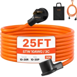 VEVOR 25 ft Dryer Extension Cord, 3-Prong NEMA 10-30P to 10-30R Dryer Cord, 125V/250V STW 10AWG/3C, 30A, Pure Copper Wire Cable with Black Non-woven Bag and PVC Cable Tie, Ideal for Indoor & Outdoor