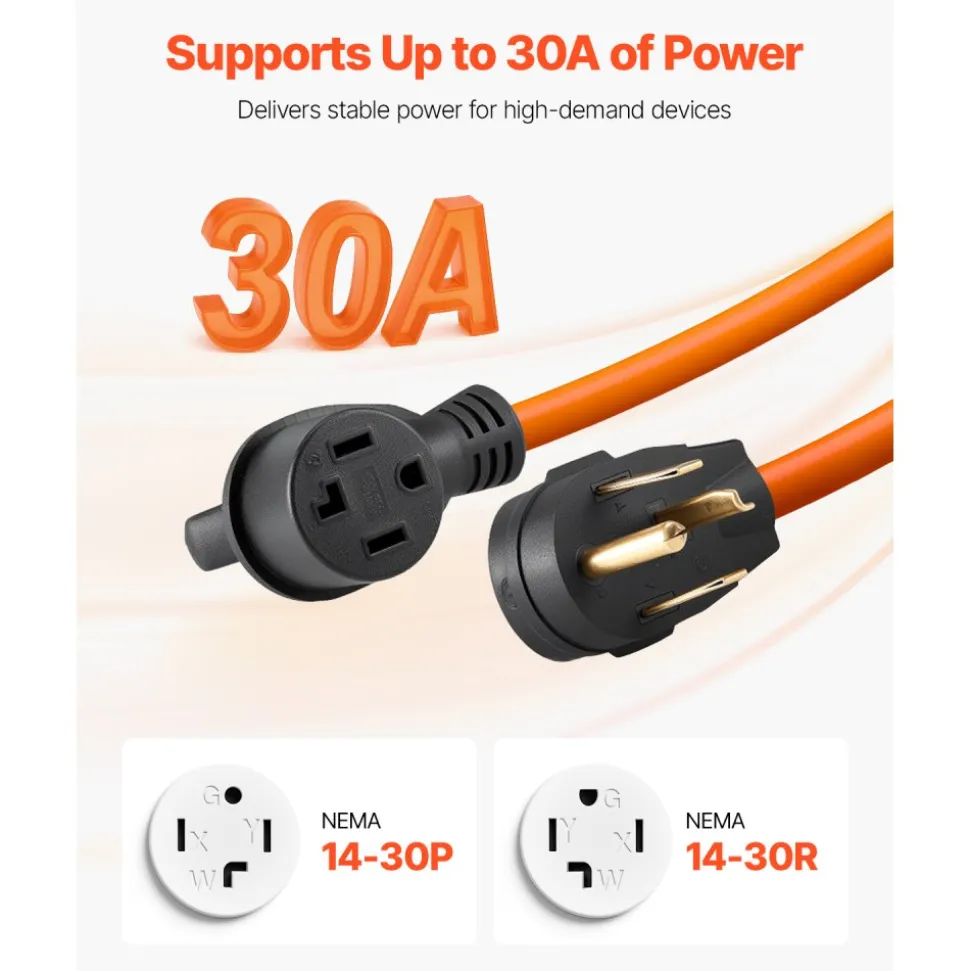 VEVOR 50 ft Dryer Extension Cord, 4-Prong NEMA 14-30P to 14-30R Dryer Cord, 125V/250V, STW 10AWG/4C, 30A, Pure Copper Wire Cable with Black Non-woven Bag and PVC Cable Tie, for Outdoor & Indoor Use