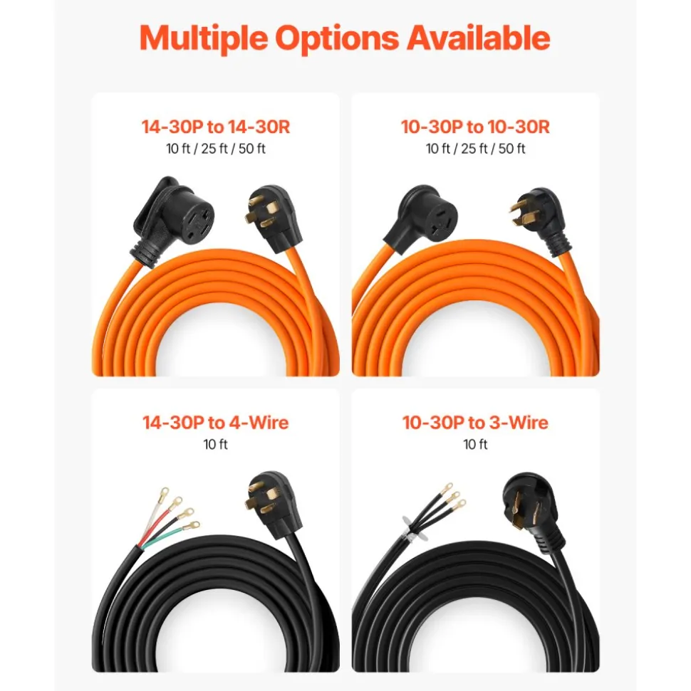VEVOR 50 ft Dryer Extension Cord, 4-Prong NEMA 14-30P to 14-30R Dryer Cord, 125V/250V, STW 10AWG/4C, 30A, Pure Copper Wire Cable with Black Non-woven Bag and PVC Cable Tie, for Outdoor & Indoor Use