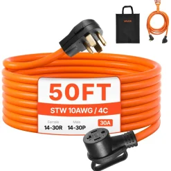 VEVOR 50 ft Dryer Extension Cord, 4-Prong NEMA 14-30P to 14-30R Dryer Cord, 125V/250V, STW 10AWG/4C, 30A, Pure Copper Wire Cable with Black Non-woven Bag and PVC Cable Tie, for Outdoor & Indoor Use