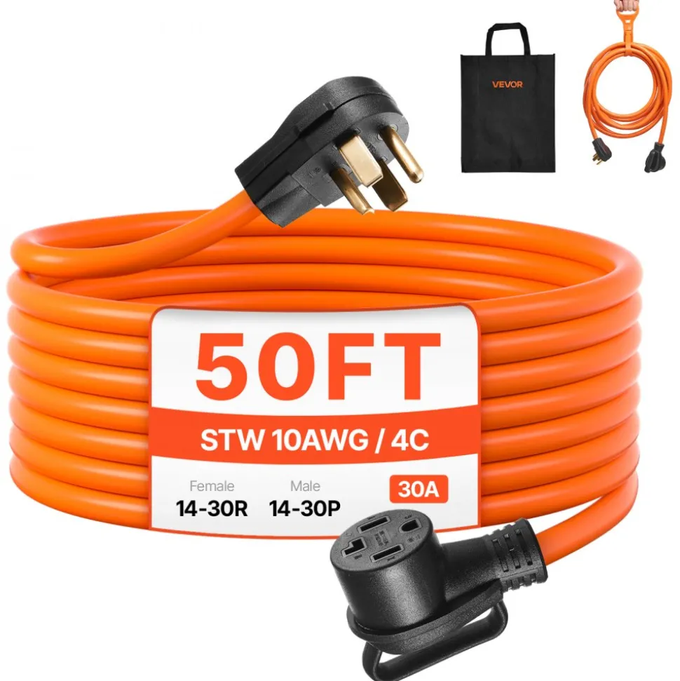 VEVOR 50 ft Dryer Extension Cord, 4-Prong NEMA 14-30P to 14-30R Dryer Cord, 125V/250V, STW 10AWG/4C, 30A, Pure Copper Wire Cable with Black Non-woven Bag and PVC Cable Tie, for Outdoor & Indoor Use