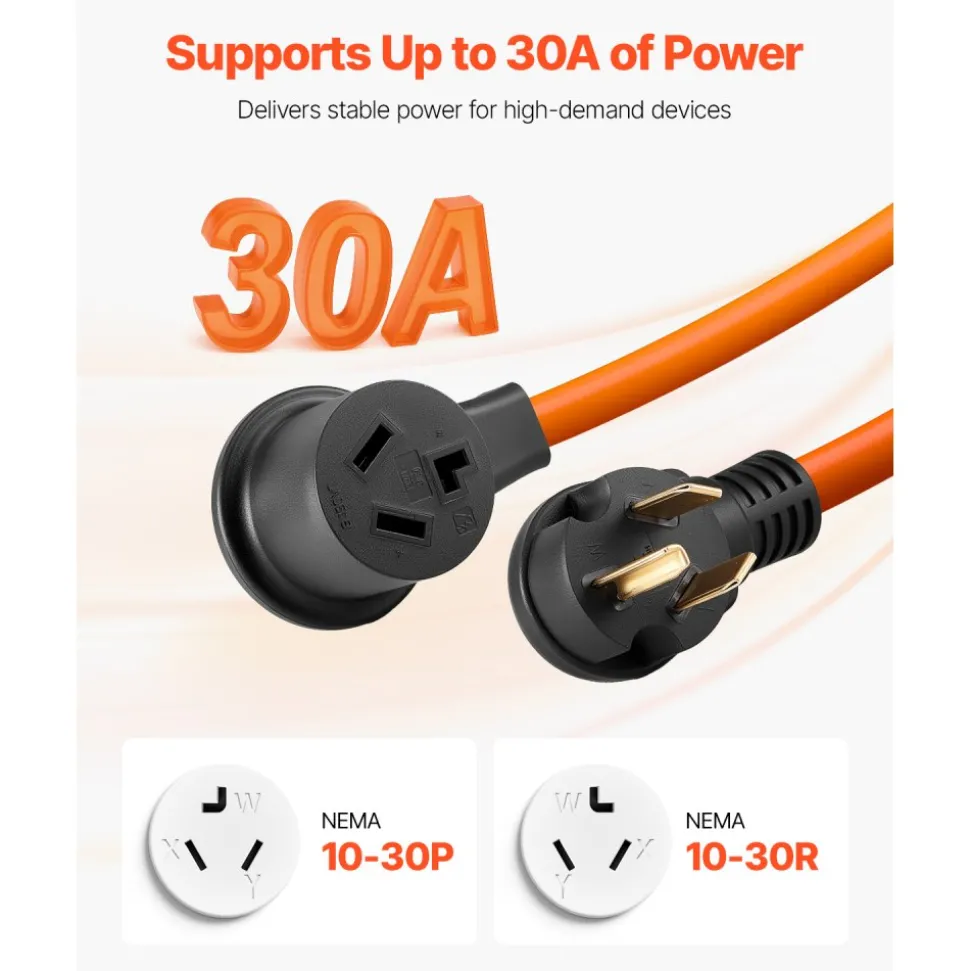 VEVOR 10 ft Dryer Extension Cord, 3-Prong NEMA 10-30P to 10-30R Dryer Cord, 125V/250V STW 10AWG/3C, 30A, Pure Copper Wire Cable with Black Non-woven Bag and PVC Cable Tie, Ideal for Indoor & Outdoor