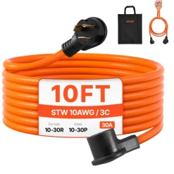 VEVOR 10 ft Dryer Extension Cord, 3-Prong NEMA 10-30P to 10-30R Dryer Cord, 125V/250V STW 10AWG/3C, 30A, Pure Copper Wire Cable with Black Non-woven Bag and PVC Cable Tie, Ideal for Indoor & Outdoor