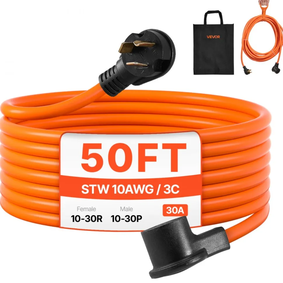 VEVOR 50 ft Dryer Extension Cord, 3-Prong NEMA 10-30P to 10-30R Dryer Cord, 125V/250V STW 10AWG/3C, 30A, Pure Copper Wire Cable with Black Non-woven Bag and PVC Cable Tie, Ideal for Indoor & Outdoor