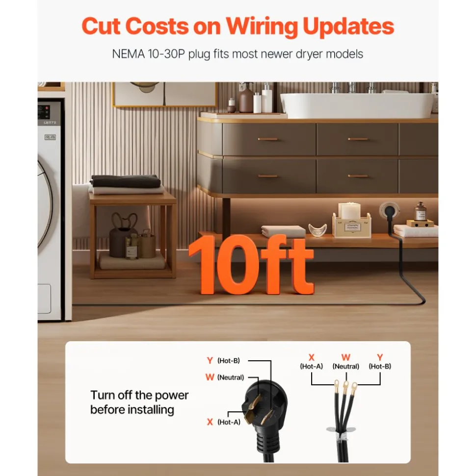 VEVOR 10 ft Dryer Power Cord, 3-Prong NEMA 10-30P Appliance Dryer Cord with Eyelet Connectors, 125V/250V, SDRT 10AWG/3C, 30A, Pure Copper Wire Cable with PVC Cable Tie, Ideal for Indoor & Outdoor Use