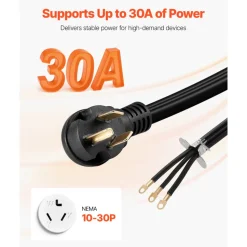 VEVOR 10 ft Dryer Power Cord, 3-Prong NEMA 10-30P Appliance Dryer Cord with Eyelet Connectors, 125V/250V, SDRT 10AWG/3C, 30A, Pure Copper Wire Cable with PVC Cable Tie, Ideal for Indoor & Outdoor Use