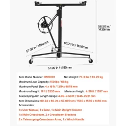 VEVOR 11ft Drywall Lift, Heavy-Duty 150 lbs Sheetrock Hoist with Adjustable Telescoping Arm, Lockable Wheels, Drywall Lifter Panel Jack Hoist Tools Ideal for Ceiling & Wall Installation (Black)