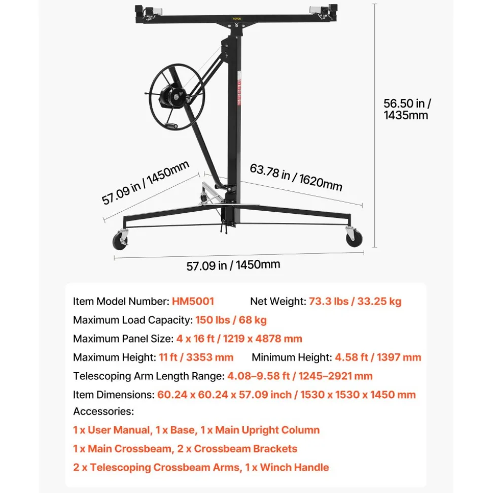 VEVOR 11ft Drywall Lift, Heavy-Duty 150 lbs Sheetrock Hoist with Adjustable Telescoping Arm, Lockable Wheels, Drywall Lifter Panel Jack Hoist Tools Ideal for Ceiling & Wall Installation (Black)