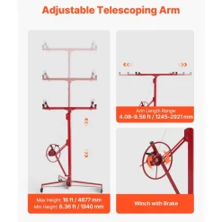 VEVOR 16ft Drywall Lift, Heavy-Duty 150 lbs Sheetrock Hoist with Adjustable Telescoping Arm, Lockable Wheels, Drywall Lifter Panel Jack Hoist Tools Ideal for Ceiling & Wall Installation (Red)