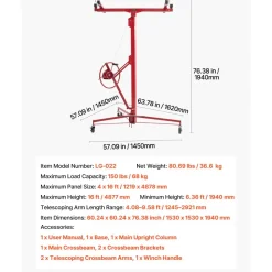 VEVOR 16ft Drywall Lift, Heavy-Duty 150 lbs Sheetrock Hoist with Adjustable Telescoping Arm, Lockable Wheels, Drywall Lifter Panel Jack Hoist Tools Ideal for Ceiling & Wall Installation (Red)