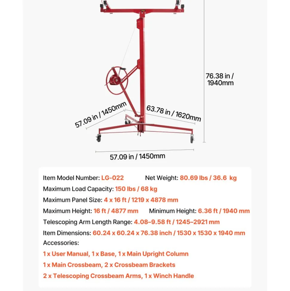 VEVOR 16ft Drywall Lift, Heavy-Duty 150 lbs Sheetrock Hoist with Adjustable Telescoping Arm, Lockable Wheels, Drywall Lifter Panel Jack Hoist Tools Ideal for Ceiling & Wall Installation (Red)