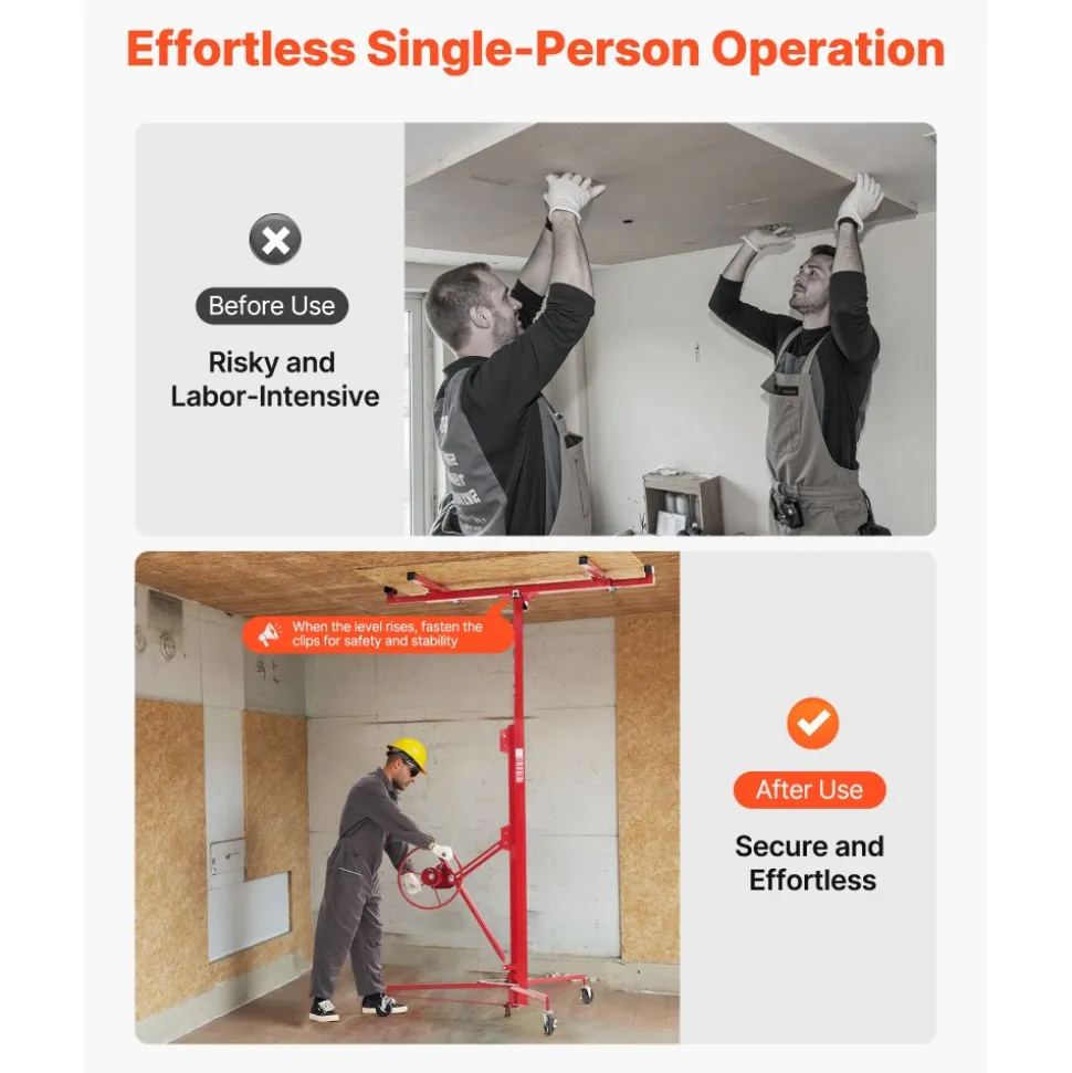 VEVOR 16ft Drywall Lift, Heavy-Duty 150 lbs Sheetrock Hoist with Adjustable Telescoping Arm, Lockable Wheels, Drywall Lifter Panel Jack Hoist Tools Ideal for Ceiling & Wall Installation (Red)