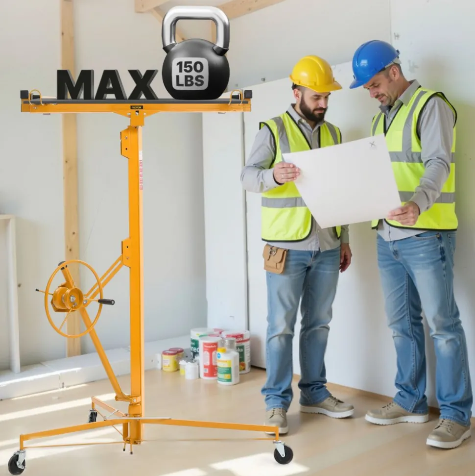 VEVOR 16ft Drywall Lift, Heavy-Duty 150 lbs Sheetrock Hoist with Adjustable Telescoping Arm, Lockable Wheels, Drywall Lifter Panel Jack Hoist Tools Ideal for Ceiling & Wall Installation (Yellow)