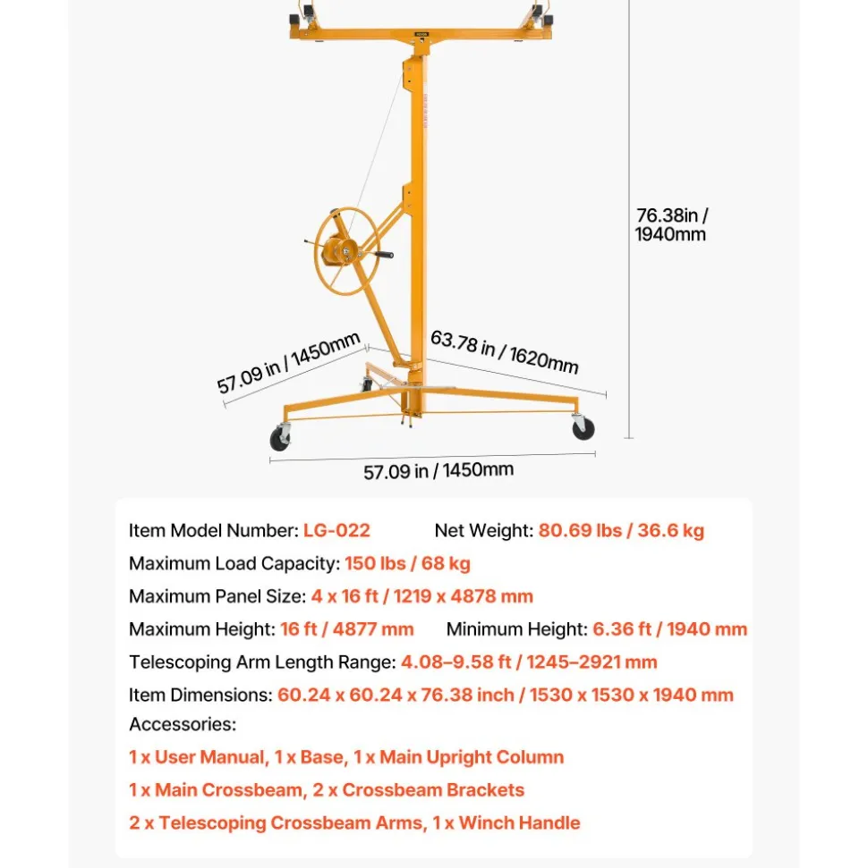 VEVOR 16ft Drywall Lift, Heavy-Duty 150 lbs Sheetrock Hoist with Adjustable Telescoping Arm, Lockable Wheels, Drywall Lifter Panel Jack Hoist Tools Ideal for Ceiling & Wall Installation (Yellow)