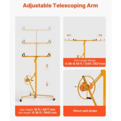 VEVOR 16ft Drywall Lift, Heavy-Duty 150 lbs Sheetrock Hoist with Adjustable Telescoping Arm, Lockable Wheels, Drywall Lifter Panel Jack Hoist Tools Ideal for Ceiling & Wall Installation (Yellow)