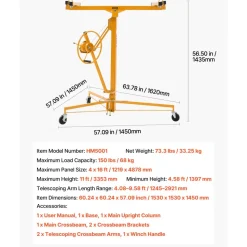 VEVOR 11ft Drywall Lift, Heavy-Duty 150 lbs Sheetrock Hoist with Adjustable Telescoping Arm, Lockable Wheels, Drywall Lifter Panel Jack Hoist Tools Ideal for Ceiling & Wall Installation (Red)