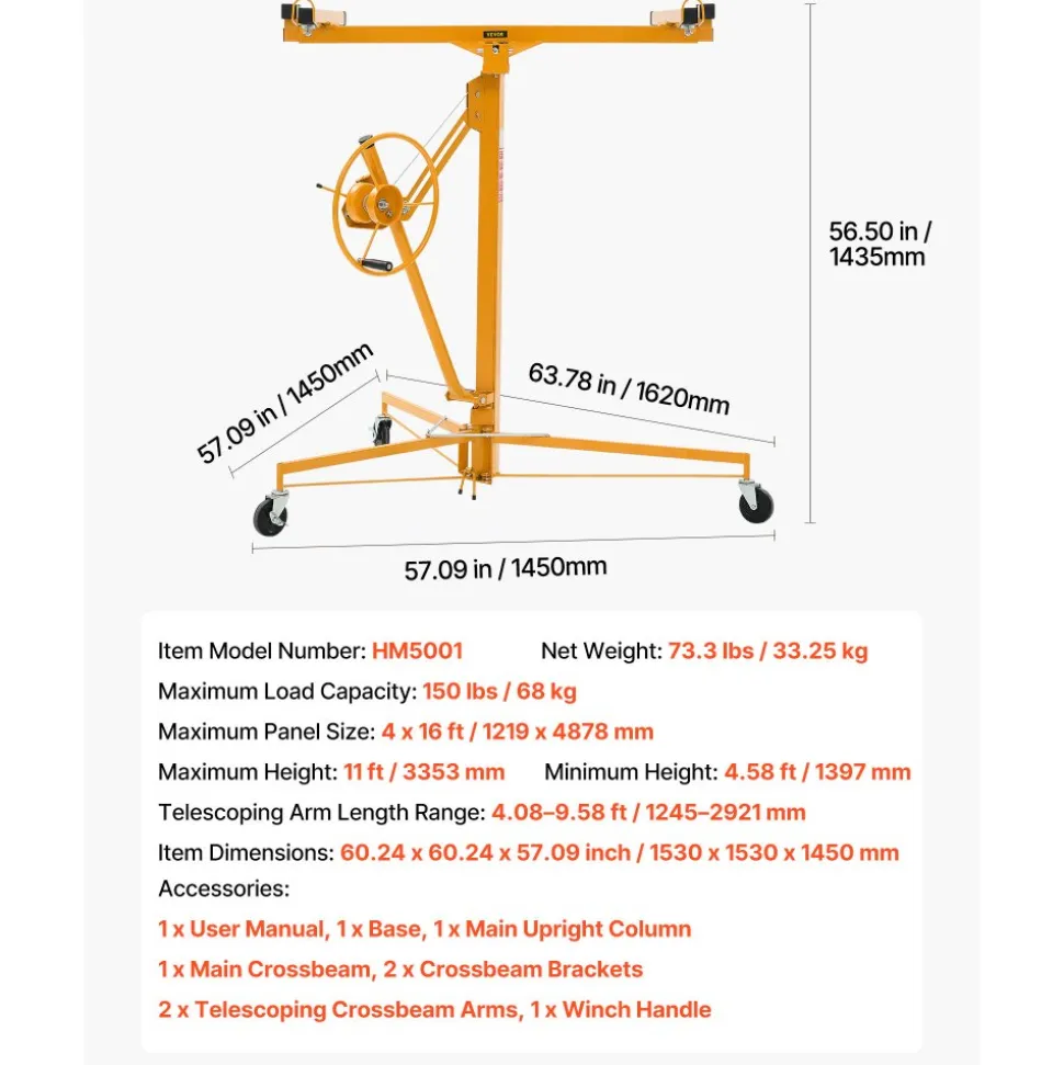 VEVOR 11ft Drywall Lift, Heavy-Duty 150 lbs Sheetrock Hoist with Adjustable Telescoping Arm, Lockable Wheels, Drywall Lifter Panel Jack Hoist Tools Ideal for Ceiling & Wall Installation (Red)