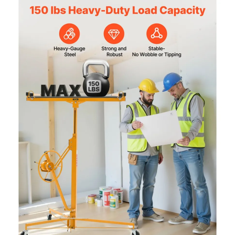 VEVOR 11ft Drywall Lift, Heavy-Duty 150 lbs Sheetrock Hoist with Adjustable Telescoping Arm, Lockable Wheels, Drywall Lifter Panel Jack Hoist Tools Ideal for Ceiling & Wall Installation (Red)