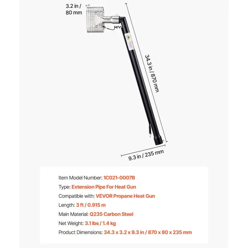 VEVOR 3FT Extension Pole for Heat Gun, Only Compatible with VEVOR Propane Heat Guns, Extended Reach Rod for Fast Heat-Shrink Wrapping, Combustor Head Included