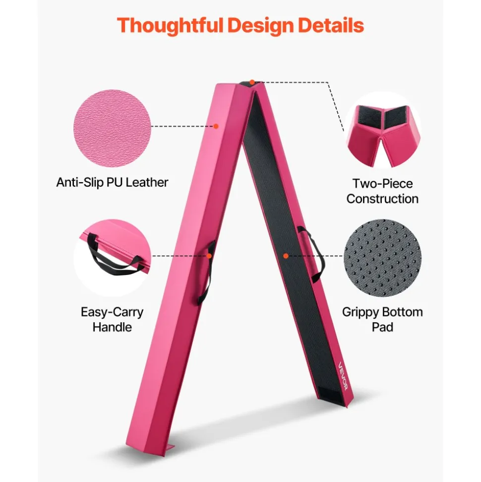 VEVOR 8FT Folding Balance Beam for Kids, 200LBS Stable Support Gymnastics Floor Beam with Non-Slip Mats, Gymnastics Training Equipment with Anti-Slip Bottom and Carrying Bag for Home Gym, Pink