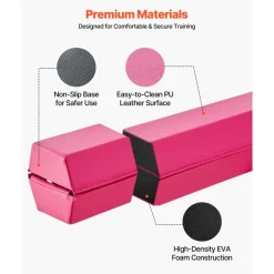 VEVOR 8FT Folding Balance Beam for Kids, 200LBS Stable Support Gymnastics Floor Beam with Non-Slip Mats, Gymnastics Training Equipment with Anti-Slip Bottom and Carrying Bag for Home Gym, Pink