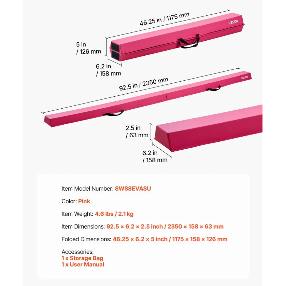 VEVOR 8FT Folding Balance Beam for Kids, 200LBS Stable Support Gymnastics Floor Beam with Non-Slip Mats, Gymnastics Training Equipment with Anti-Slip Bottom and Carrying Bag for Home Gym, Pink