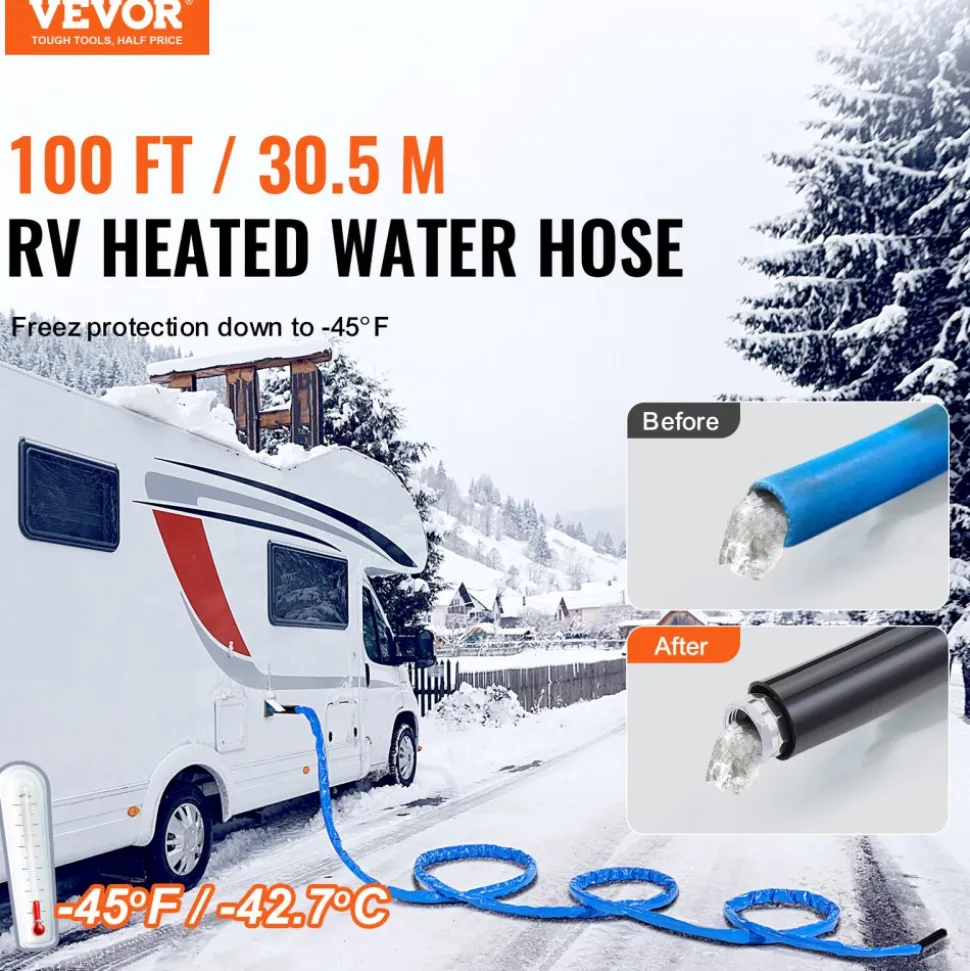 VEVOR 100ft Heated Water Hose for RV, Heated Drinking Water Hose with Corrugated Cover Antifreeze to -45°F, Automatic Self-regulating, 5/8" I.D. with 3/4" GHT Adapter, Lead and BPA Free