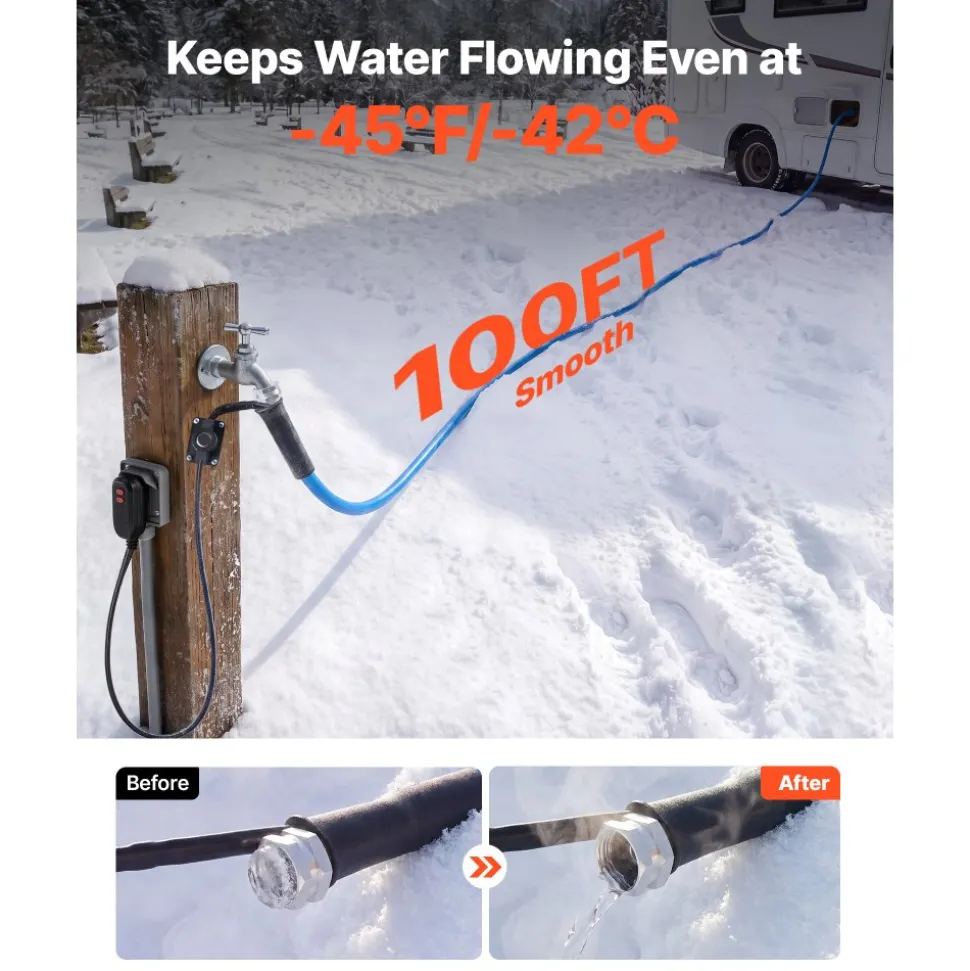VEVOR 100FT Heated Water Hose for RV -45°F Anti Freeze Drinking Water Hose, 1/2" ID, Smooth Surface, with Leakage Protection GFCI, Built-in Thermostat, Freeze & Leak-Proof, Lead and BPA Free for RVs