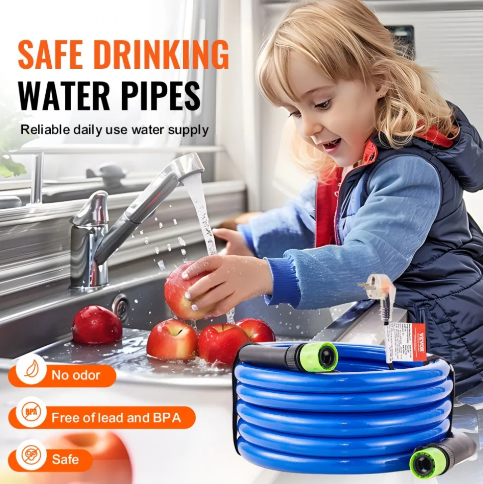 VEVOR 50FT Heated Water Hose for RV Antifreeze to -45°F Drinking Water Hose, 5/8" ID, Corrugated Surface, Built-in Thermostat, Freeze & Leak-Proof, Lead and BPA Free, Fast Heating for RV Camping