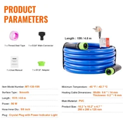 VEVOR 50FT Heated Water Hose for RV Antifreeze to -45°F Drinking Water Hose, 5/8