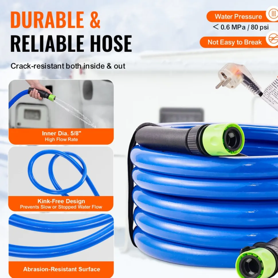 VEVOR 50FT Heated Water Hose for RV Antifreeze to -45°F Drinking Water Hose, 5/8" ID, Corrugated Surface, Built-in Thermostat, Freeze & Leak-Proof, Lead and BPA Free, Fast Heating for RV Camping