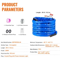 VEVOR 50ft Heated Water Hose for RV, Heated Drinking Water Hose with Corrugated Cover Antifreeze to -45°F, Automatic Self-regulating, 5/8