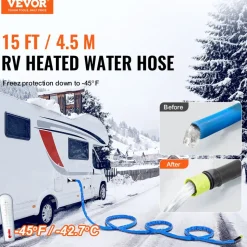 VEVOR 15ft Heated Water Hose for RV, Heated Drinking Water Hose with Corrugated Cover Antifreeze to -45°F, Automatic Self-regulating, 5/8