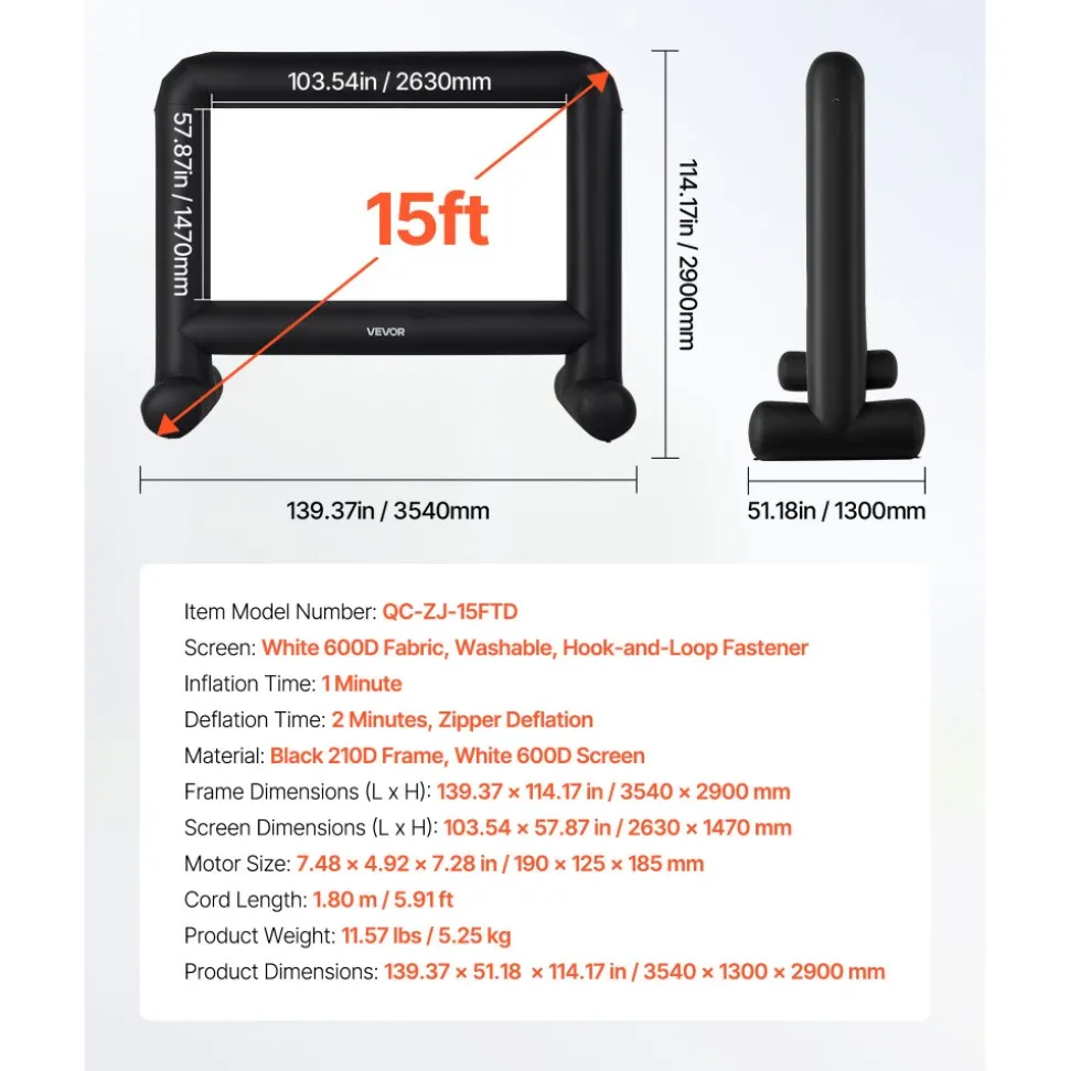 VEVOR 15FT Inflatable Movie Screen, Inflatable Projector Screen with Portable Storage Bag, 16:9 Easy Set Up Movie Projection for Outdoor Backyard, Home Theater, Theme Party