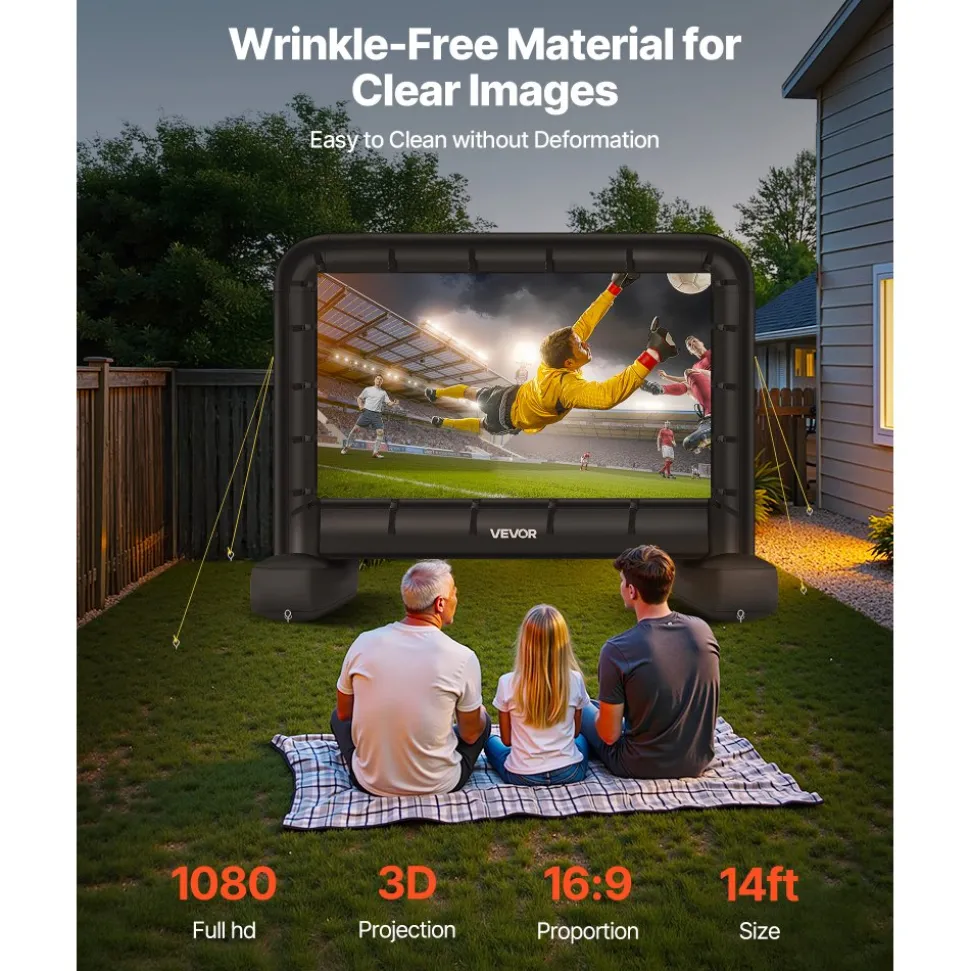 VEVOR 14 ft Inflatable Movie Screen, 600D Washable Inflatable Projector Screen with Portable Storage Bag, 16:9 Easy Set Up Movie Projection for Outdoor Backyard, Home Theater, Theme Party, Pool Fun