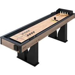 VEVOR 9 ft LED Shuffleboard Table, 2 in 1 Shuffleboard and Bowling Combo Set, Shuffle Board with Light‑Up Rails, Scratch-Resistant Playfield, 8 Pucks, Bowling Set, Wax, Brush, for Family Game Room