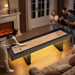 VEVOR 9 ft LED Shuffleboard Table, 2 in 1 Shuffleboard and Bowling Combo Set, Shuffle Board with Light‑Up Rails, Scratch-Resistant Playfield, 8 Pucks, Bowling Set, Wax, Brush, for Family Game Room