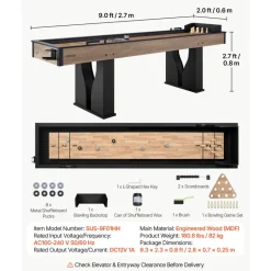 VEVOR 9 ft LED Shuffleboard Table, 2 in 1 Shuffleboard and Bowling Combo Set, Shuffle Board with Light‑Up Rails, Scratch-Resistant Playfield, 8 Pucks, Bowling Set, Wax, Brush, for Family Game Room