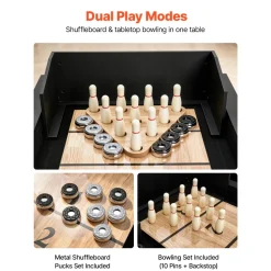 VEVOR 9 ft LED Shuffleboard Table, 2 in 1 Shuffleboard and Bowling Combo Set, Shuffle Board with Light‑Up Rails, Scratch-Resistant Playfield, 8 Pucks, Bowling Set, Wax, Brush, for Family Game Room